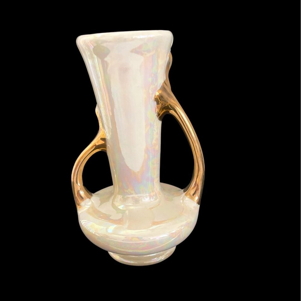MCM Lusterware Vase Ceramic Pearl Glazed Iridescent Porcelain Gold Handles VTG - Picture 11 of 11